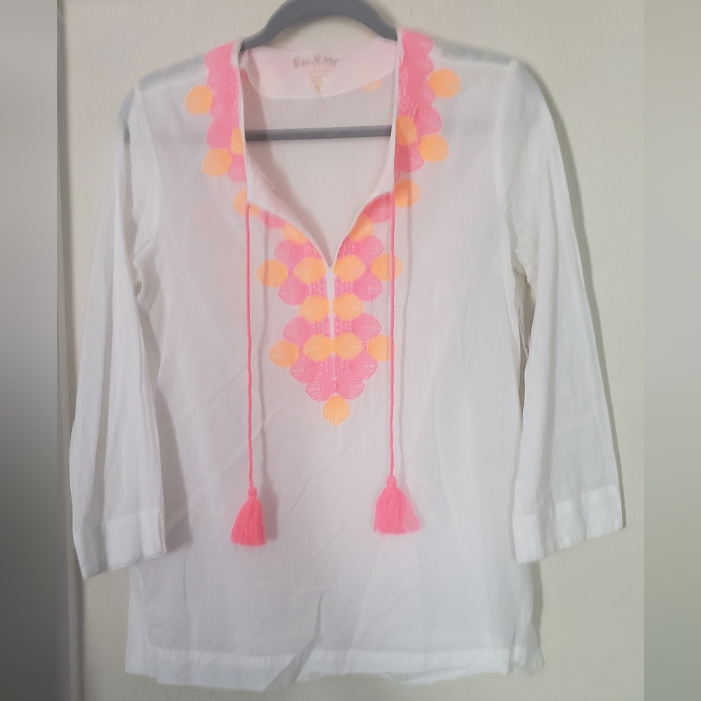 Lilly Pulitzer White Tunic with Pink and Yellow Embroidery